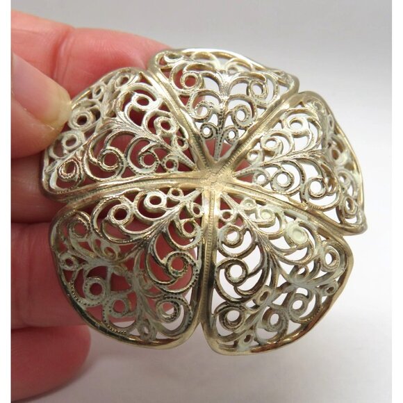 Vintage Flower Brooch 2" White Washed Filigree Gold Tone Metal Domed Petals - Picture 9 of 12